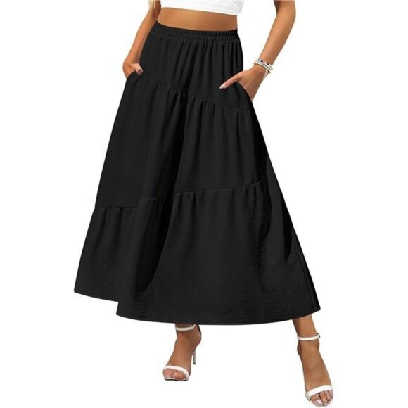 Women's Elastic High Waist A-Line Flowy Swing Black - Picture 1 of 6